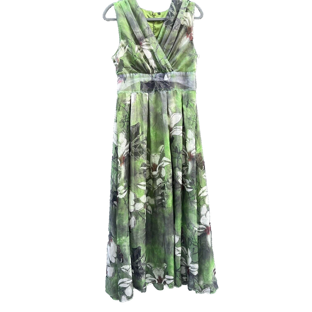 Floral Maxi Dress Medium Green Chiffon Sleeveless Tropical Casual Summer Flowy